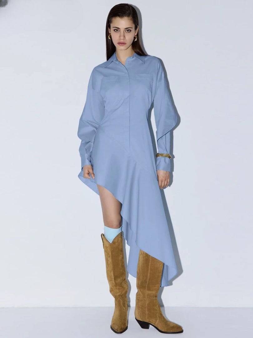 Elegant Classic Irregular Casual Lapel Long Sleeve Midi Dresses