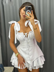 Elegant Classic Lace-Up Pleated Strap Sleeveless Mini Dress