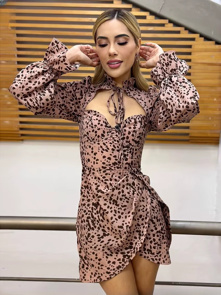 Elegant Classic Lace-Up Stand Collar Long Sleeve Mini Dresses