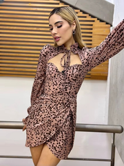Elegant Classic Lace-Up Stand Collar Long Sleeve Mini Dresses