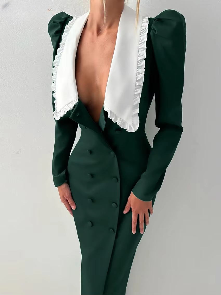 Elegant Classic Patchwork Lapel Long Sleeve Bodycon Midi Dress