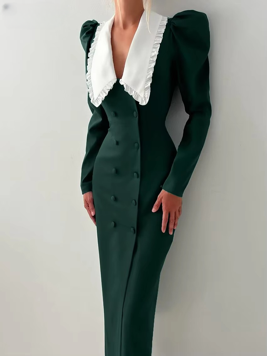 Elegant Classic Patchwork Lapel Long Sleeve Bodycon Midi Dress