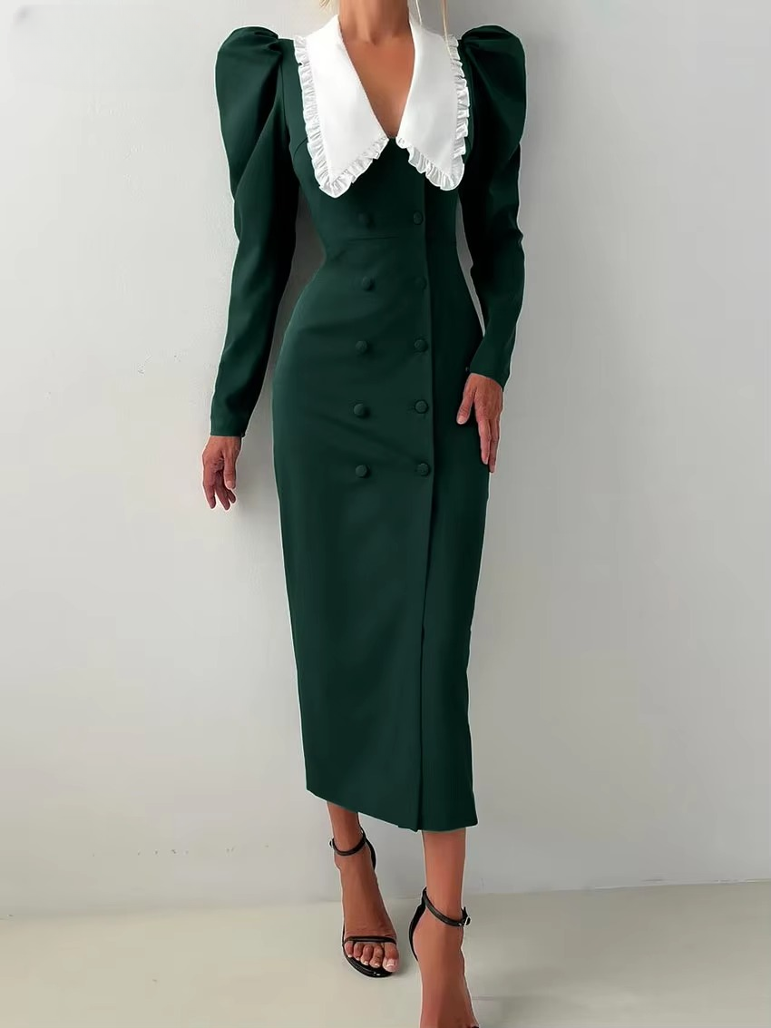 Elegant Classic Patchwork Lapel Long Sleeve Bodycon Midi Dress