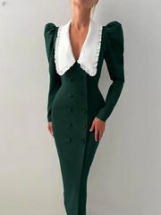 Elegant Classic Patchwork Lapel Long Sleeve Bodycon Midi Dress