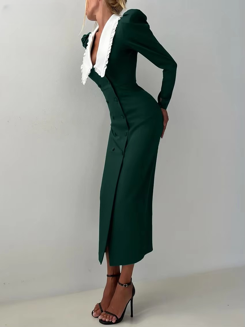 Elegant Classic Patchwork Lapel Long Sleeve Bodycon Midi Dress