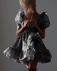 Elegant Classic Pleated Loose Print Square Collar Short Sleeve Mini Dresses