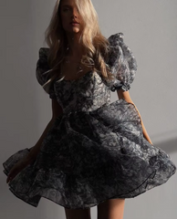 Elegant Classic Pleated Loose Print Square Collar Short Sleeve Mini Dresses
