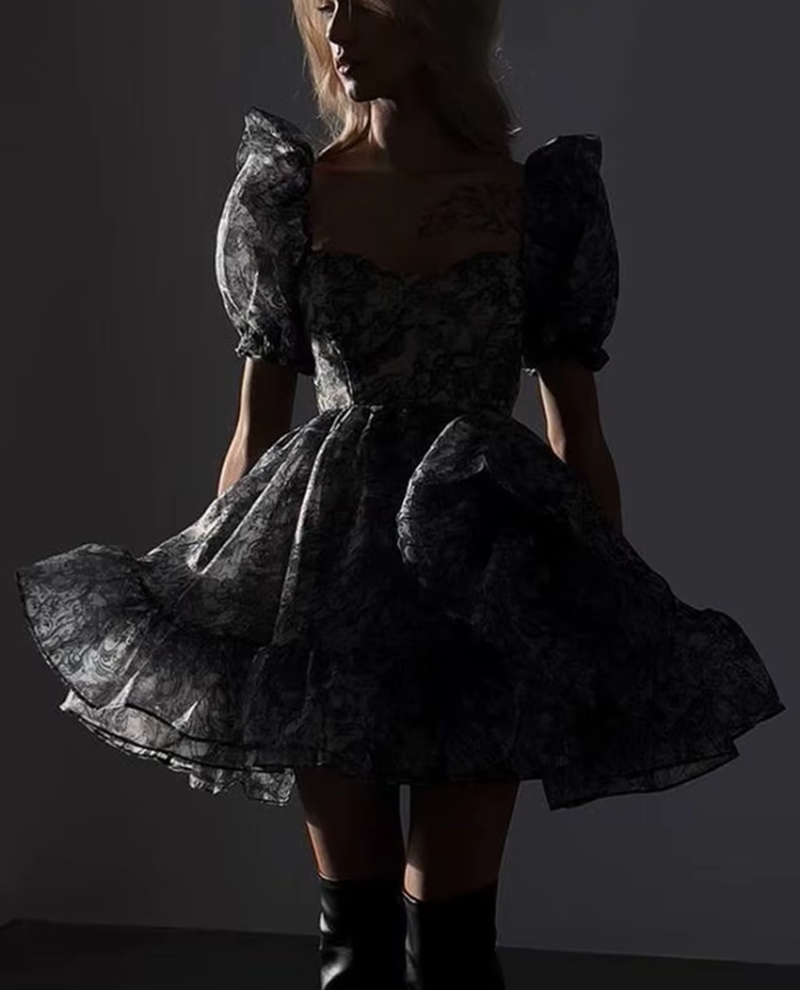 Elegant Classic Pleated Loose Print Square Collar Short Sleeve Mini Dresses