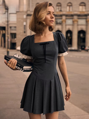 Elegant Classic Pleated Square Collar Short Sleeve Mini Dresses