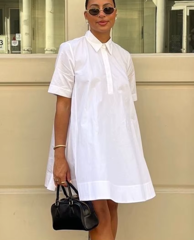 Elegant Classic Solid Loose Cotton Casual Lapel Short Sleeve Mini Dresses