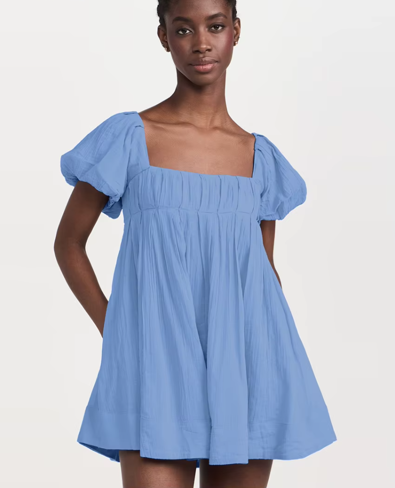 Elegant Classic Solid Loose Cotton Square Collar Short Sleeve Mini Dresses
