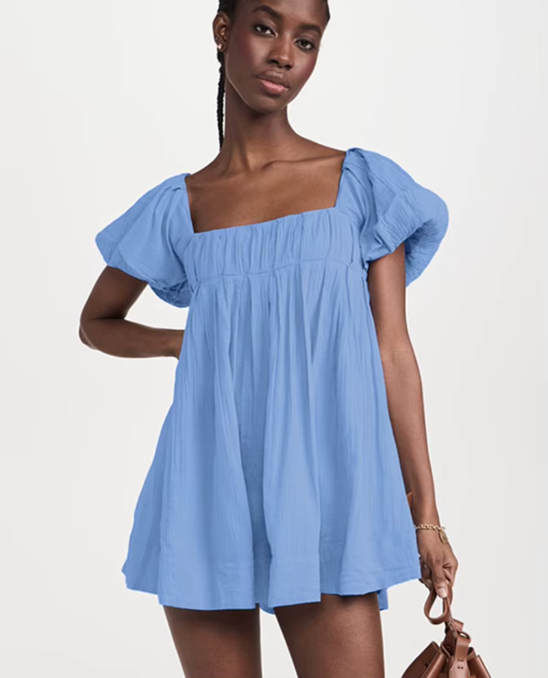 Elegant Classic Solid Loose Cotton Square Collar Short Sleeve Mini Dresses