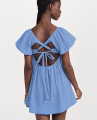 Elegant Classic Solid Loose Cotton Square Collar Short Sleeve Mini Dresses