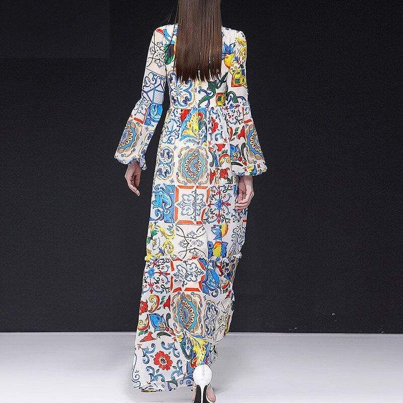 Elegant Classic lemon Painted Pottery Print Maxi Dress