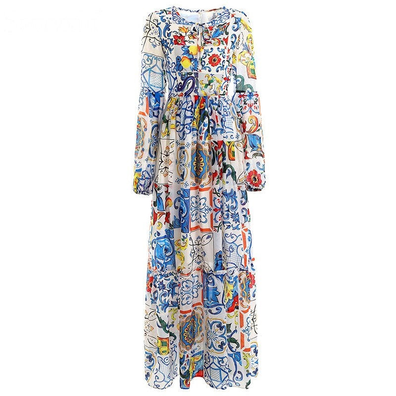 Elegant Classic lemon Painted Pottery Print Maxi Dress