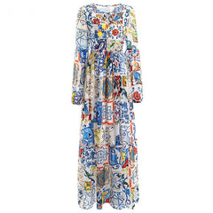 Elegant Classic lemon Painted Pottery Print Maxi Dress