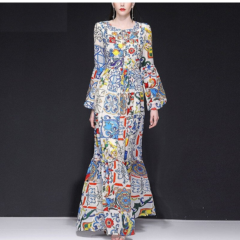 Elegant Classic lemon Painted Pottery Print Maxi Dress