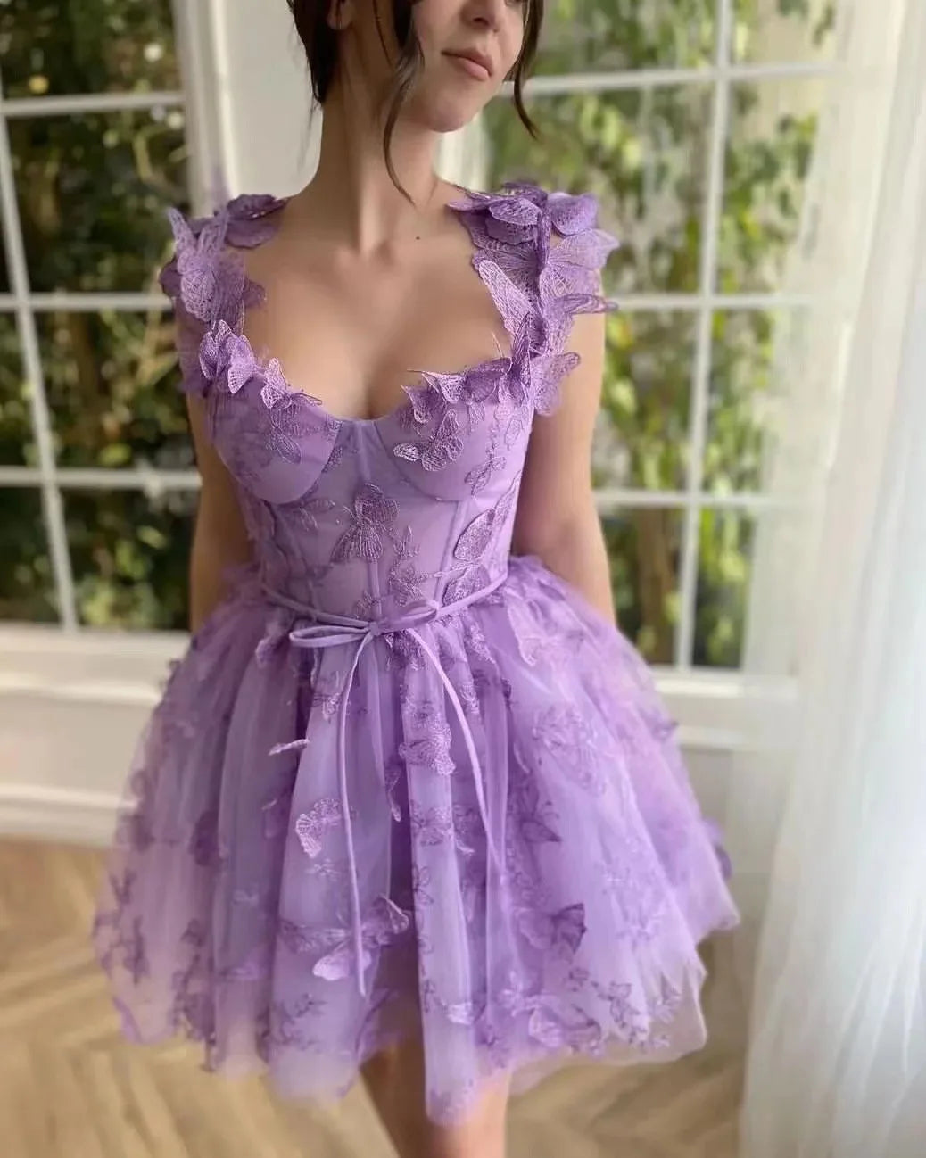 Elegant Clothing Tulle Spaghetti Straps Sleeveless High Slit Lace Up Back Mini Dress