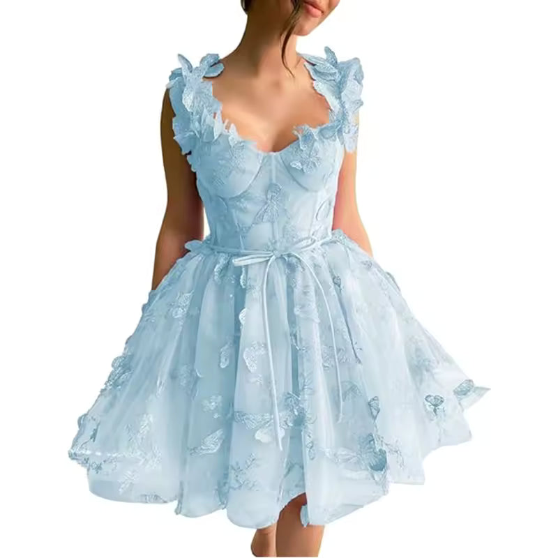 Elegant Clothing Tulle Spaghetti Straps Sleeveless High Slit Lace Up Back Mini Dress