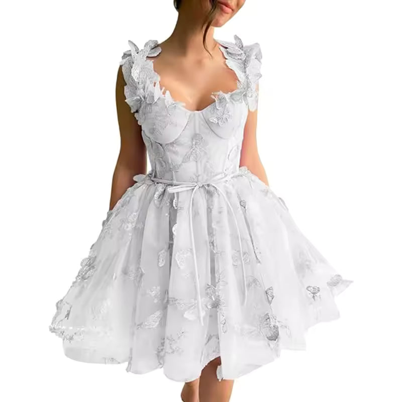 Elegant Clothing Tulle Spaghetti Straps Sleeveless High Slit Lace Up Back Mini Dress