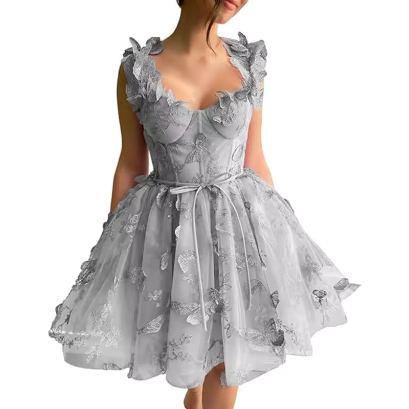 Elegant Clothing Tulle Spaghetti Straps Sleeveless High Slit Lace Up Back Mini Dress