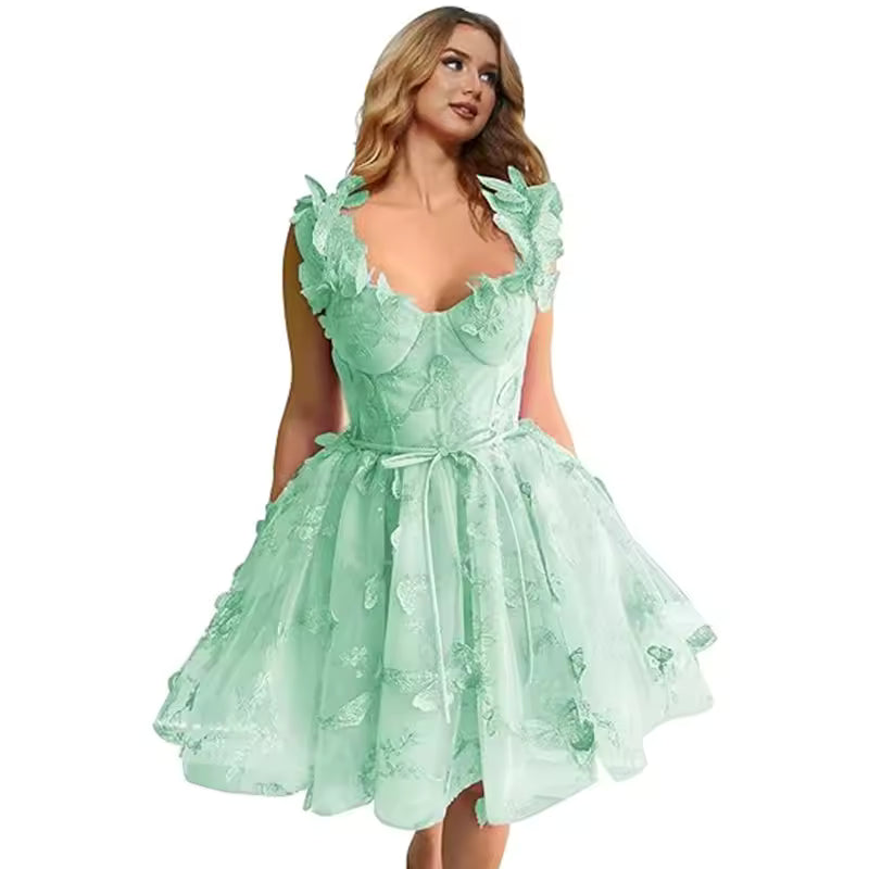 Elegant Clothing Tulle Spaghetti Straps Sleeveless High Slit Lace Up Back Mini Dress