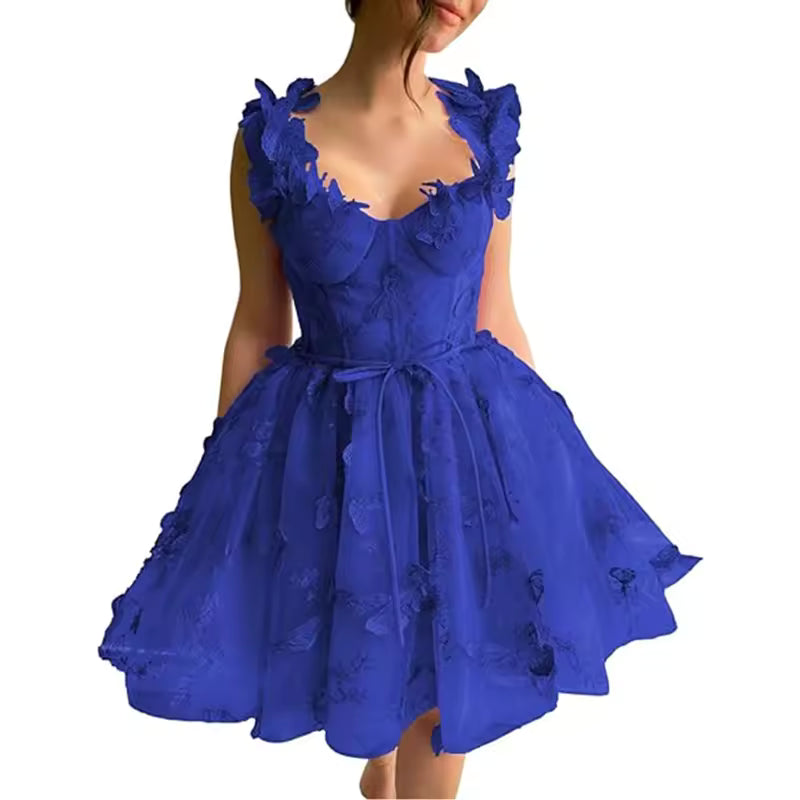 Elegant Clothing Tulle Spaghetti Straps Sleeveless High Slit Lace Up Back Mini Dress