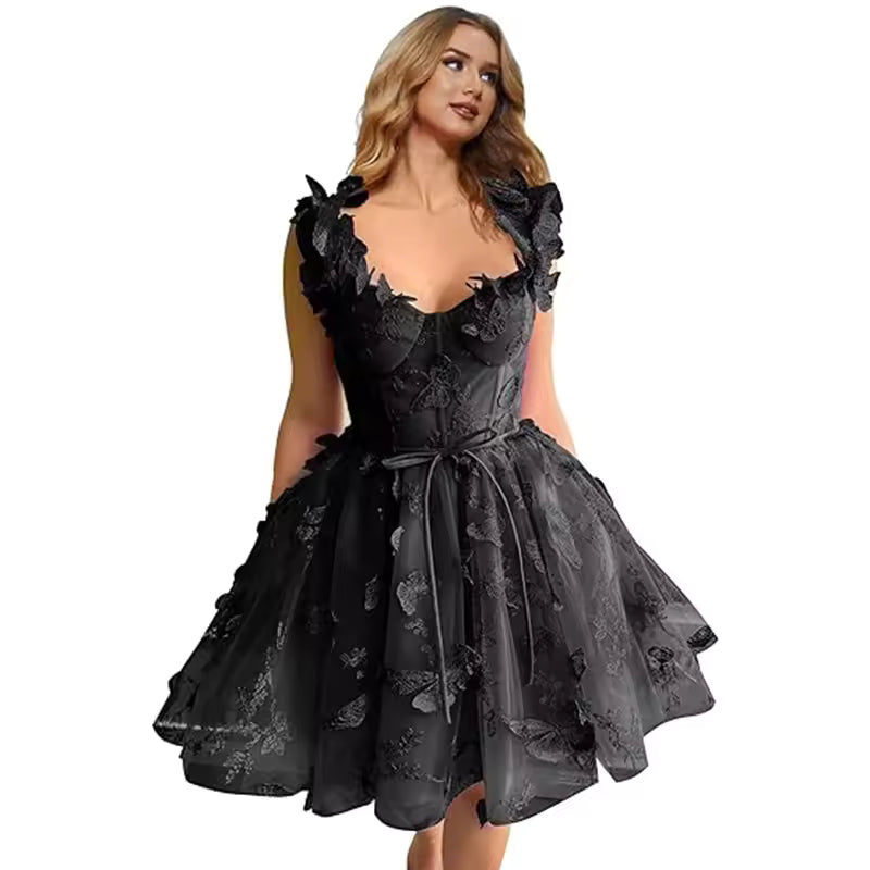 Elegant Clothing Tulle Spaghetti Straps Sleeveless High Slit Lace Up Back Mini Dress