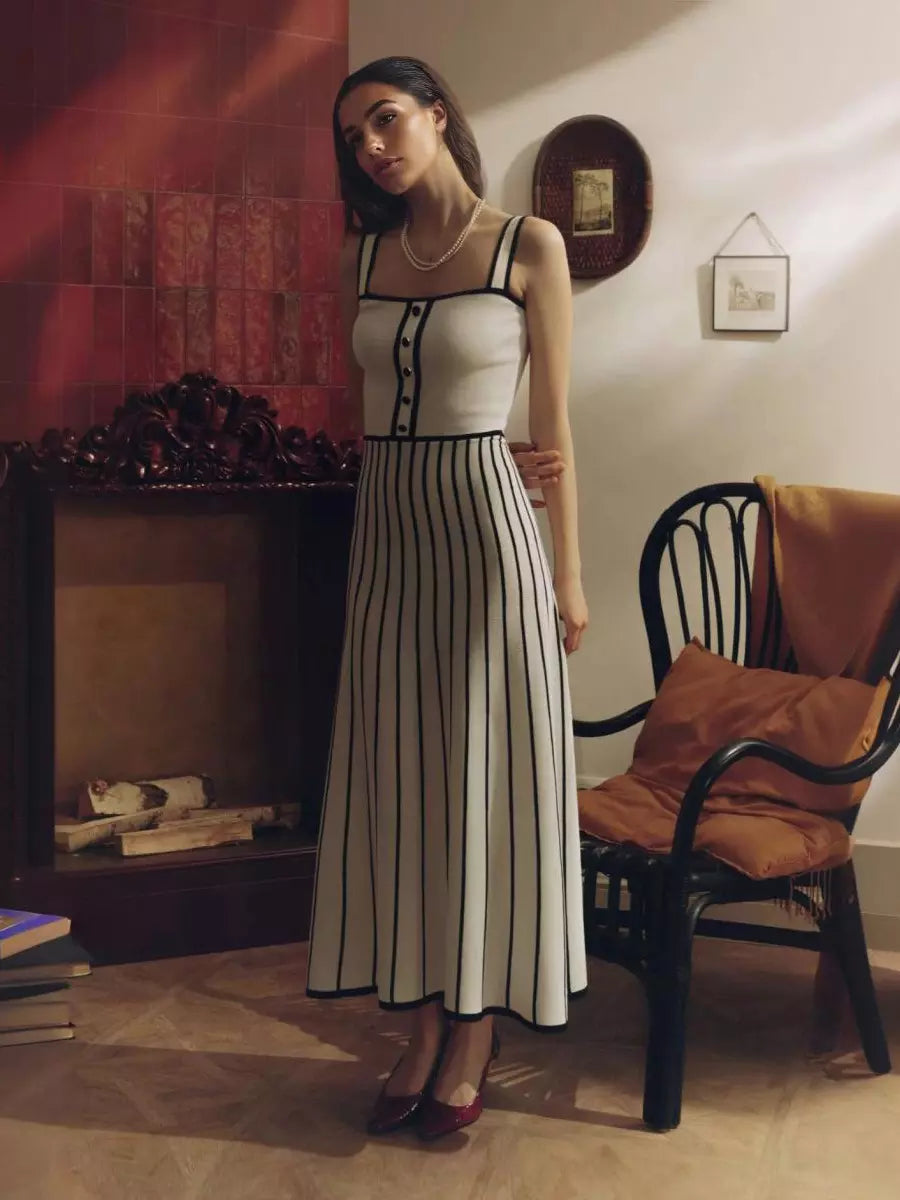 Elegant Color Block V-neck Knitted Sleeveless Midi Dress