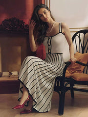 Elegant Color Block V-neck Knitted Sleeveless Midi Dress