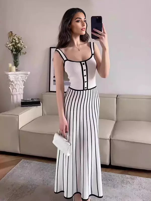 Elegant Color Block V-neck Knitted Sleeveless Midi Dress