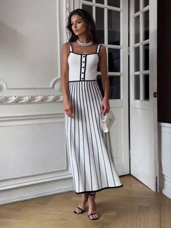 Elegant Color Block V-neck Knitted Sleeveless Midi Dress
