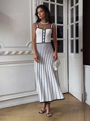Elegant Color Block V-neck Knitted Sleeveless Midi Dress