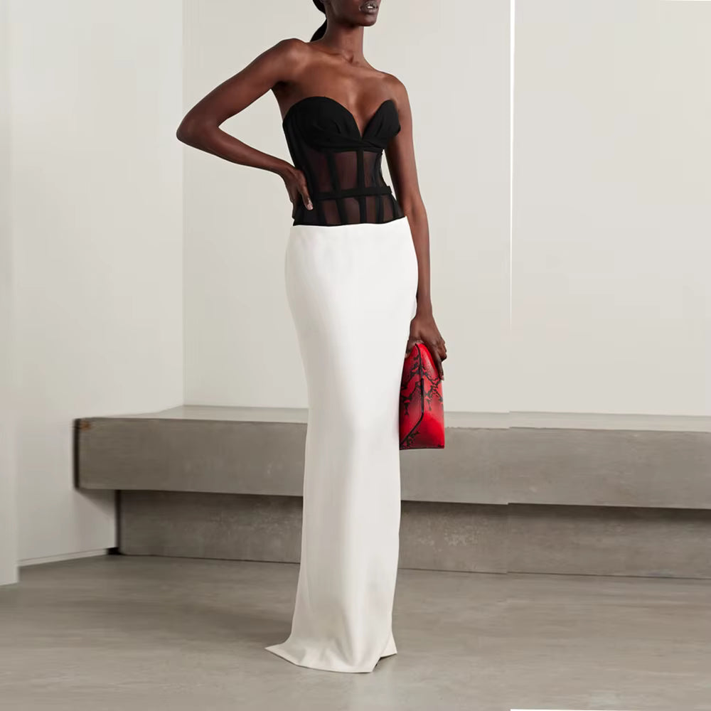 Elegant Color block Strapless Sleeveless Patchwork Zipper Maxi Dresses