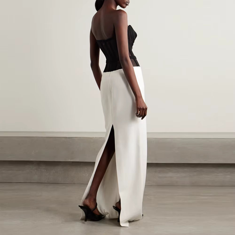 Elegant Color block Strapless Sleeveless Patchwork Zipper Maxi Dresses