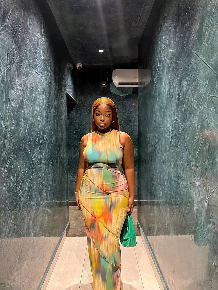 Elegant Colorful Sleeveless Patchwork Skinny Print Bodycon Maxi Dress