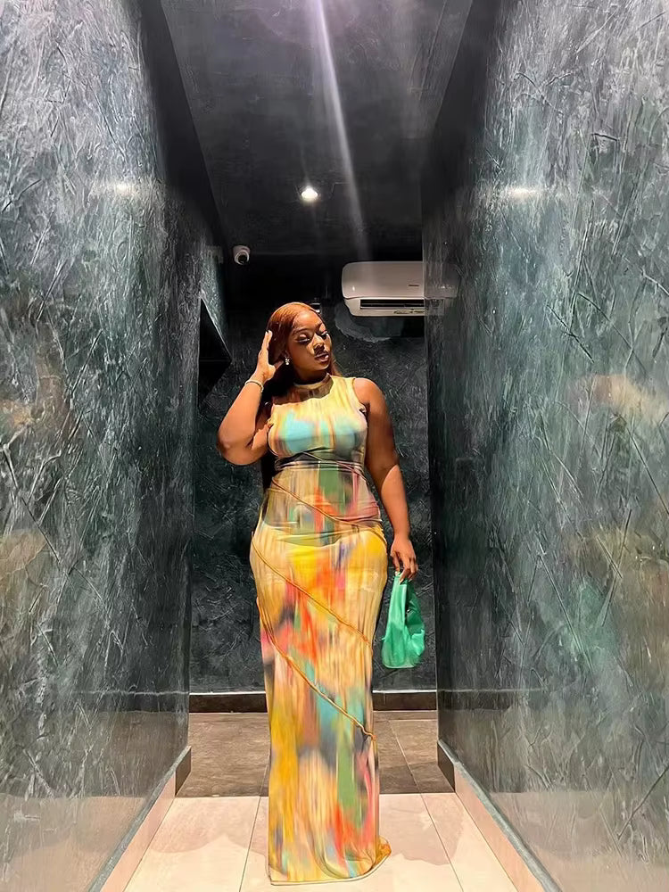 Elegant Colorful Sleeveless Patchwork Skinny Print Bodycon Maxi Dress