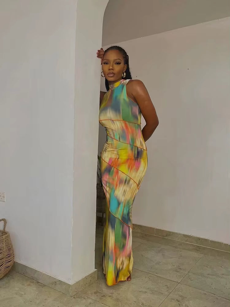 Elegant Colorful Sleeveless Patchwork Skinny Print Bodycon Maxi Dress
