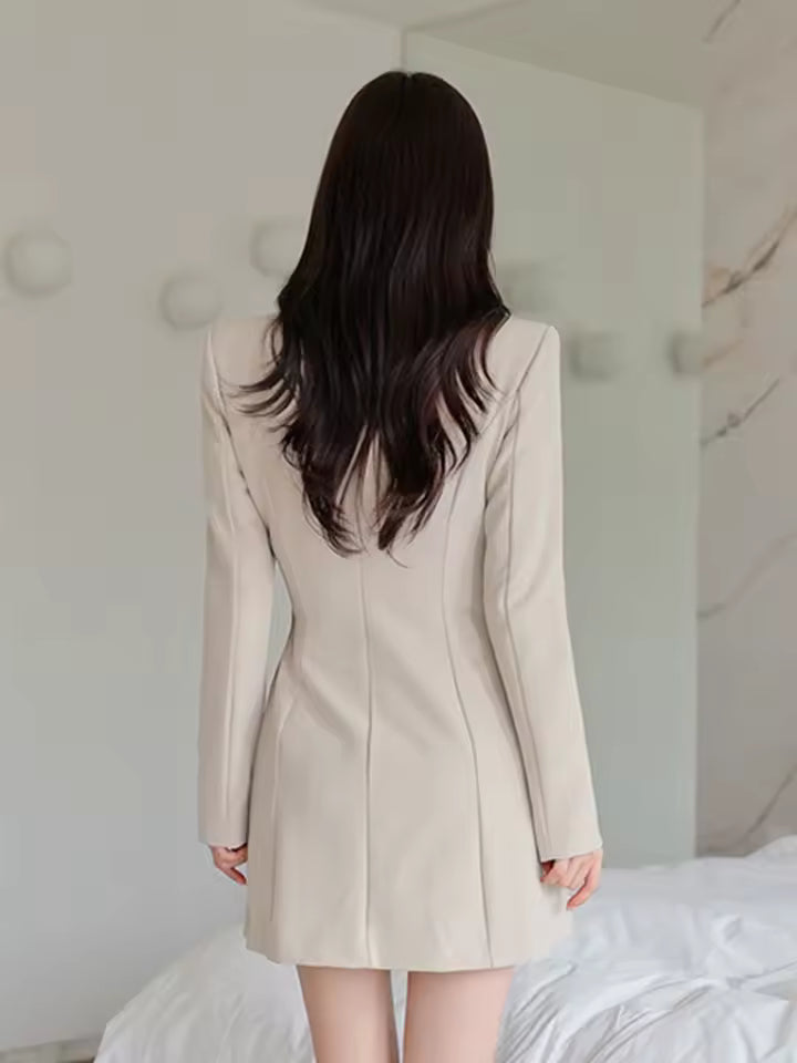 Elegant Commute Chic Solid Long Sleeve Pleated Formal Blazer Short Dress