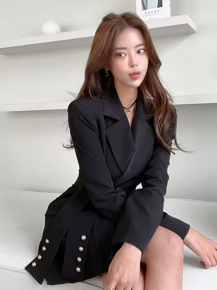Elegant Commute Chic Solid Long Sleeve Pleated Formal Blazer Short Dress
