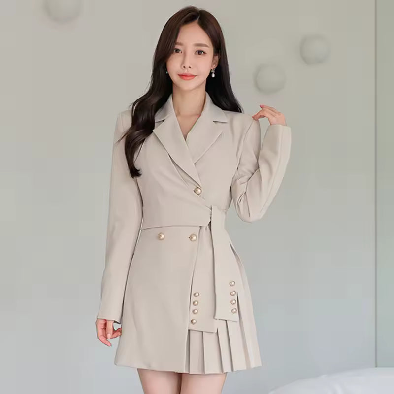 Elegant Commute Chic Solid Long Sleeve Pleated Formal Blazer Short Dress