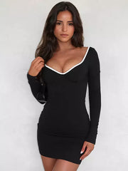 Elegant Contrast Color Heart Neck Long Sleeve Bodycon Mini Dress