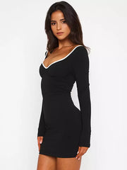 Elegant Contrast Color Heart Neck Long Sleeve Bodycon Mini Dress