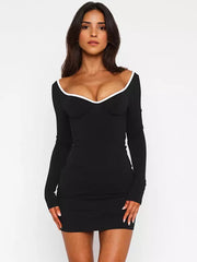 Elegant Contrast Color Heart Neck Long Sleeve Bodycon Mini Dress