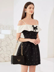 Elegant Contrast Off-shoulder A-line Short Sleeve Mini Dress