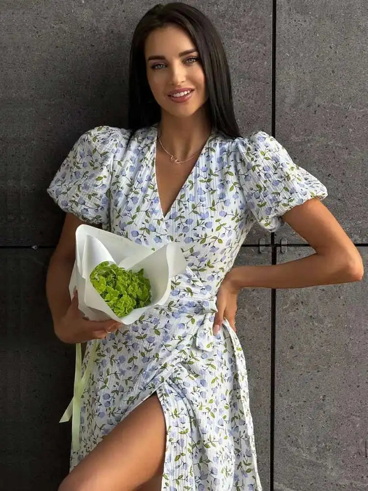 Elegant Cotton A-line Muslin With Side Slits Flowers Midi Dresses