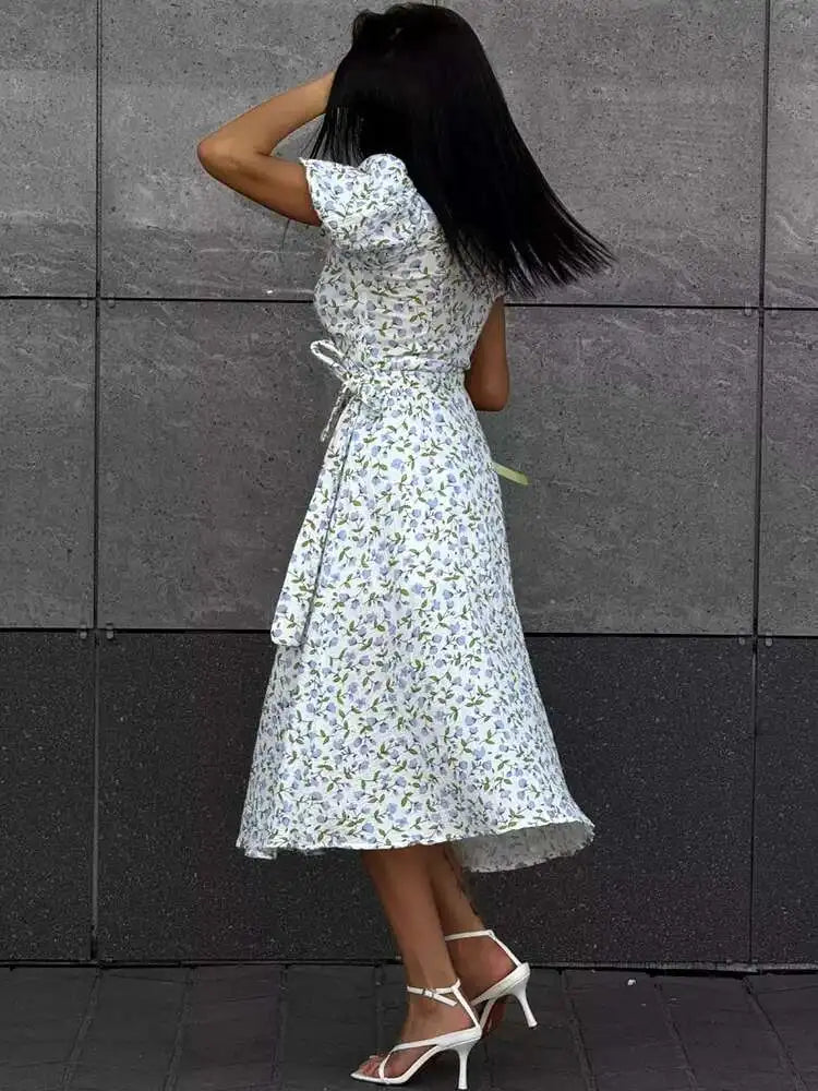 Elegant Cotton A-line Muslin With Side Slits Flowers Midi Dresses