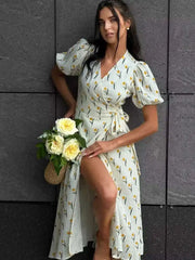 Elegant Cotton A-line Muslin With Side Slits Flowers Midi Dresses