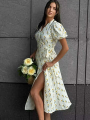Elegant Cotton A-line Muslin With Side Slits Flowers Midi Dresses