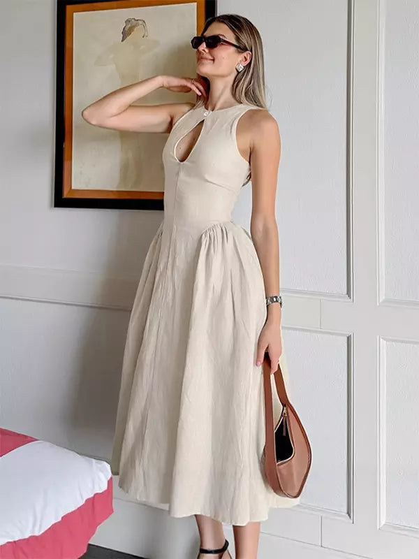 Elegant Cotton And Linen Sleeveless With Keyhole Detail Long Dress